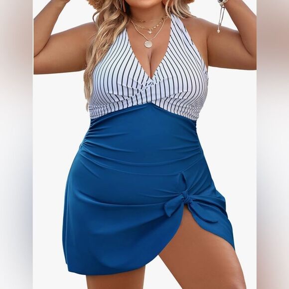Blooming Jelly Women Blue Swim Dress Swimsuit One Piece Tummy Control 4XL NWT - Picture 1 of 9